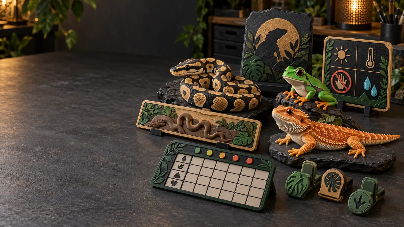 Concept collection of custom animal figurines, enclosure signs, a care tracker and keeper clips