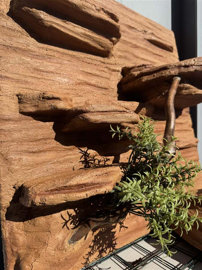 Close detail of the carved ledges, branch and planting on the finished custom backdrop